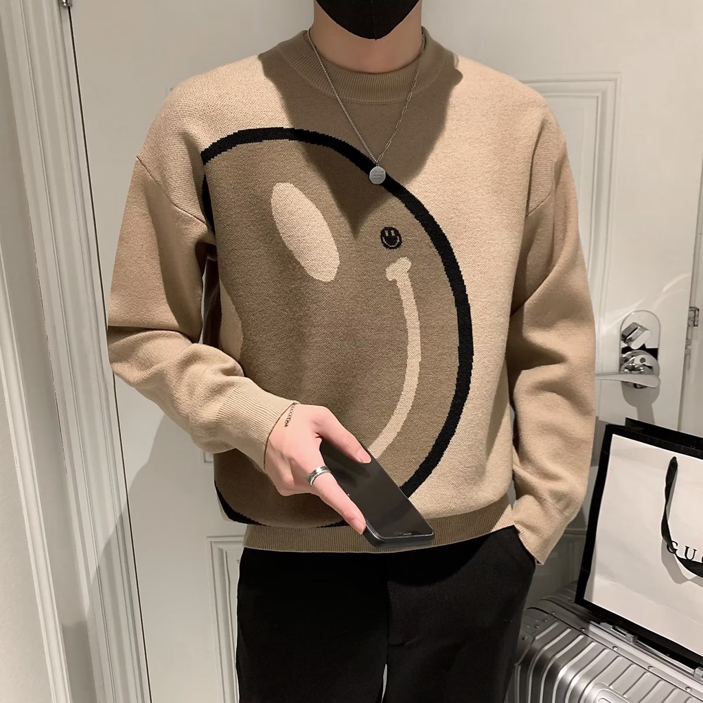 Áo Sweater Dệt Kim Cổ Tròn In Hình Mặt Cười Thời Trang Thu Đông Mới Cho Nam