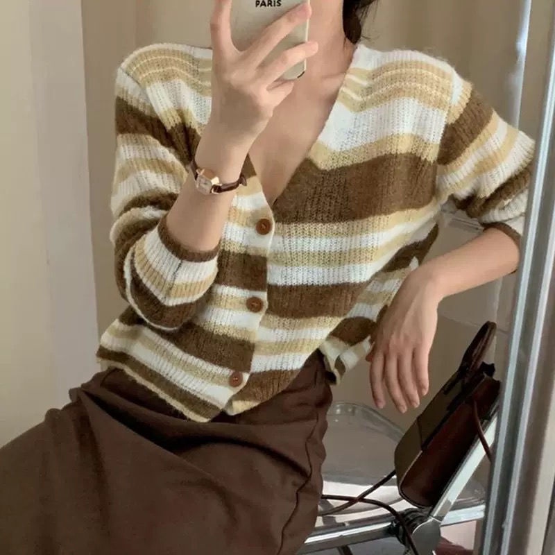 Áo Khoác Cardigan Dệt Kim Cổ Chữ V Họa Tiết Kẻ Sọc Thời Trang Mùa Thu 2022 Mới Cho Nữ