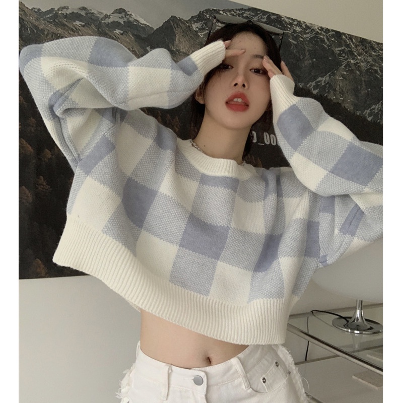 Áo lửng tay dài cổ tròn họa tiết sọc caro phong cách mới cho nữ