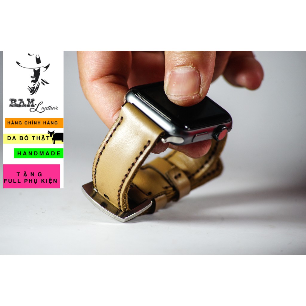 Dây đồng hồ Apple Watch , Iwatch , Iphone Watch Da Bò Màu Trà Sữa RAM Leather Bền Đẹp