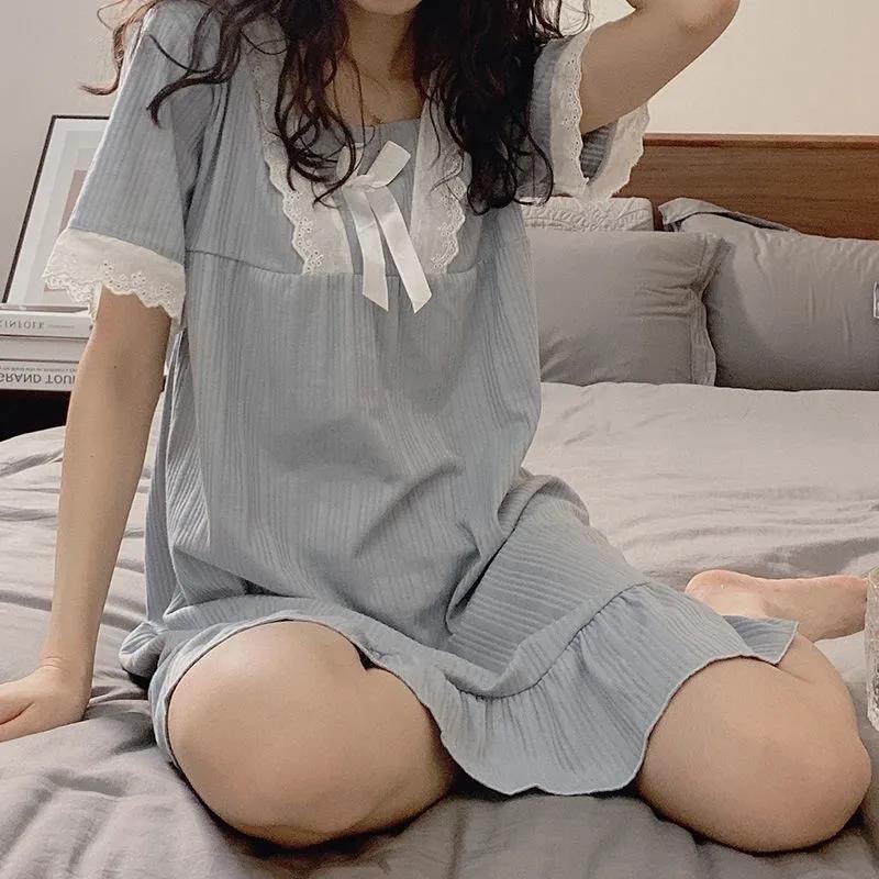 Váy ngủ nữ lưới nơ đỏ mùa hè phiên bản hàn quốc rời học sinh dễ thương ngọt ngào váy dài tay ngắn mặc nhà