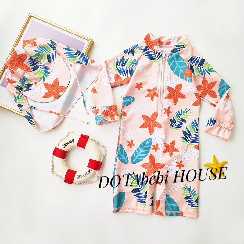ĐỒ BƠI TAY DÀI LIỀN THÂN CÓ NÓN CHE GÁY HỌA TIẾT HOA LÁ CHO BÉ GÁI mã SW0211 - DOTAbébi HOUSE