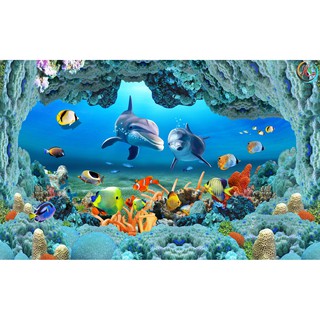 Tranh dán tường 3D cá heo cảnh đại dương - vải lụa kim tuyến