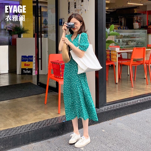 Váy moran hoa nhí xanh dáng dài ngắn tay