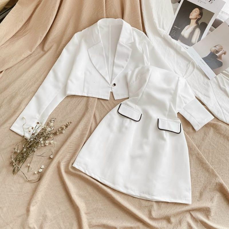 Set Đầm Công Sở - Váy Đầm 2 Đây Kèm Áo Khoác Dạng Croptop Cổ Vest Siêu Sang (Hàng thiết kế)