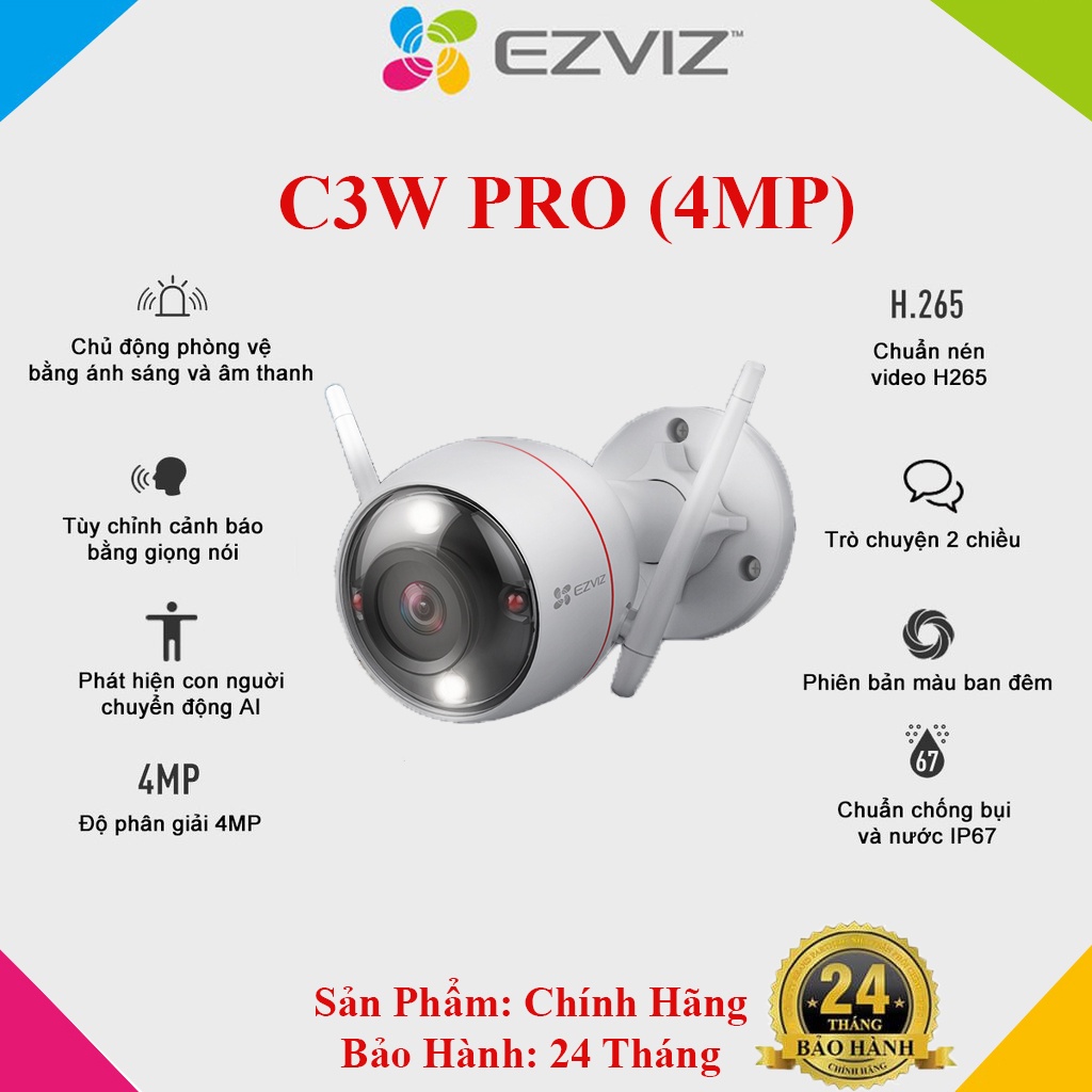 Camera 4M (2k) IP WIFI Ngoài Trời Thông Minh EZVIZ C3W PRO (4MP) - full màu ban đêm