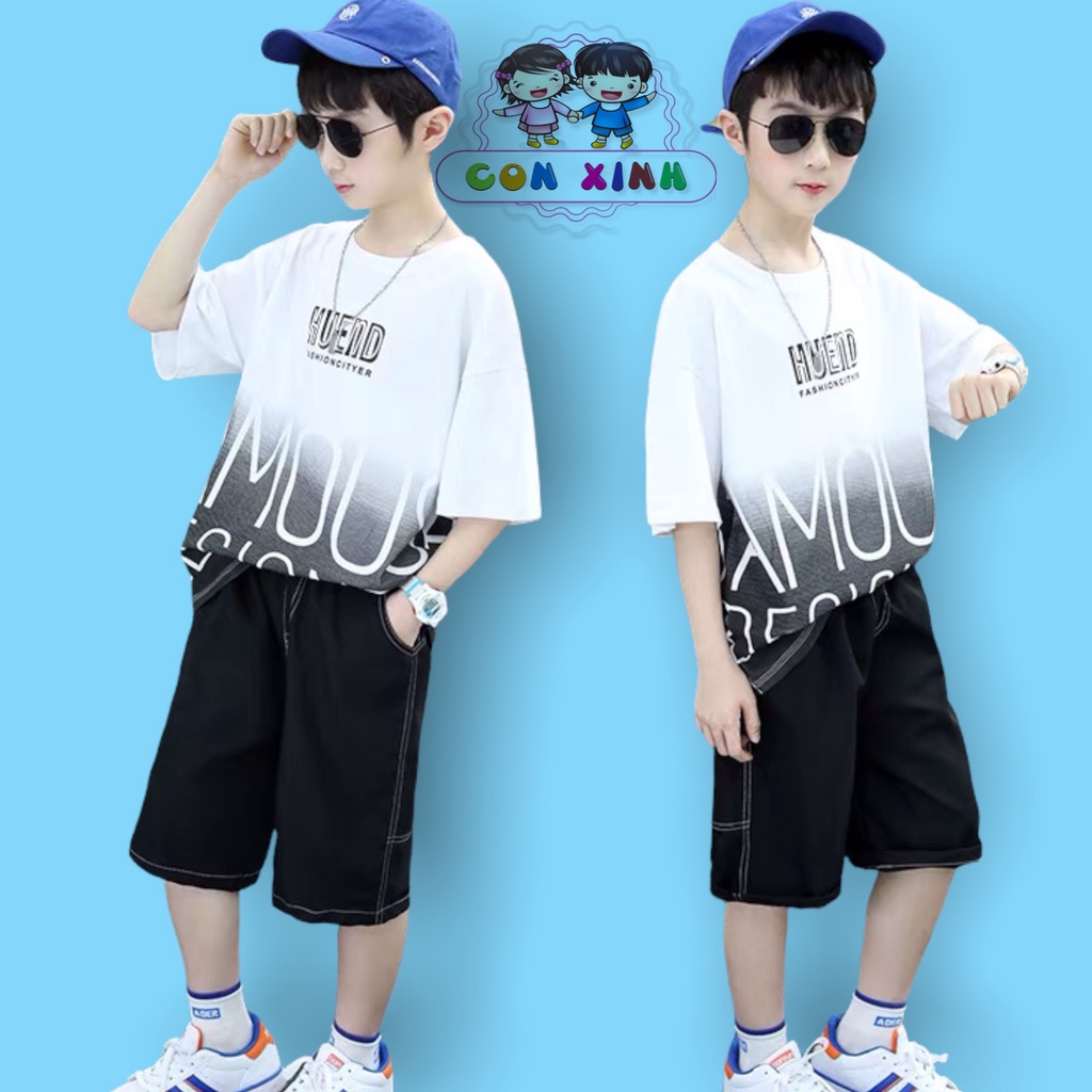 Đồ bộ bé trai Con Xinh cotton hình in chữ AMOUS, quần áo bé trai từ 14 đến 42kg