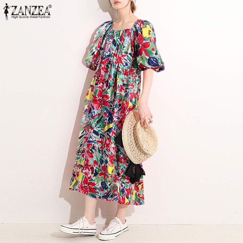 Đầm ZANZEA tay ngắn phồng cổ chữ O in hoa thời trang Hàn Quốc cho nữ giới