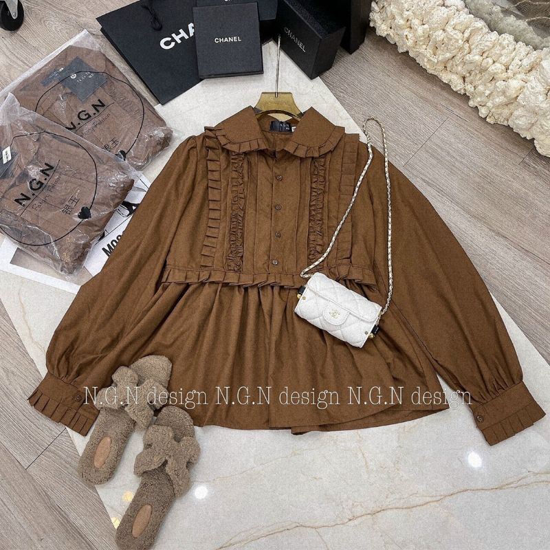Áo sơmi babydoll nâu bèo