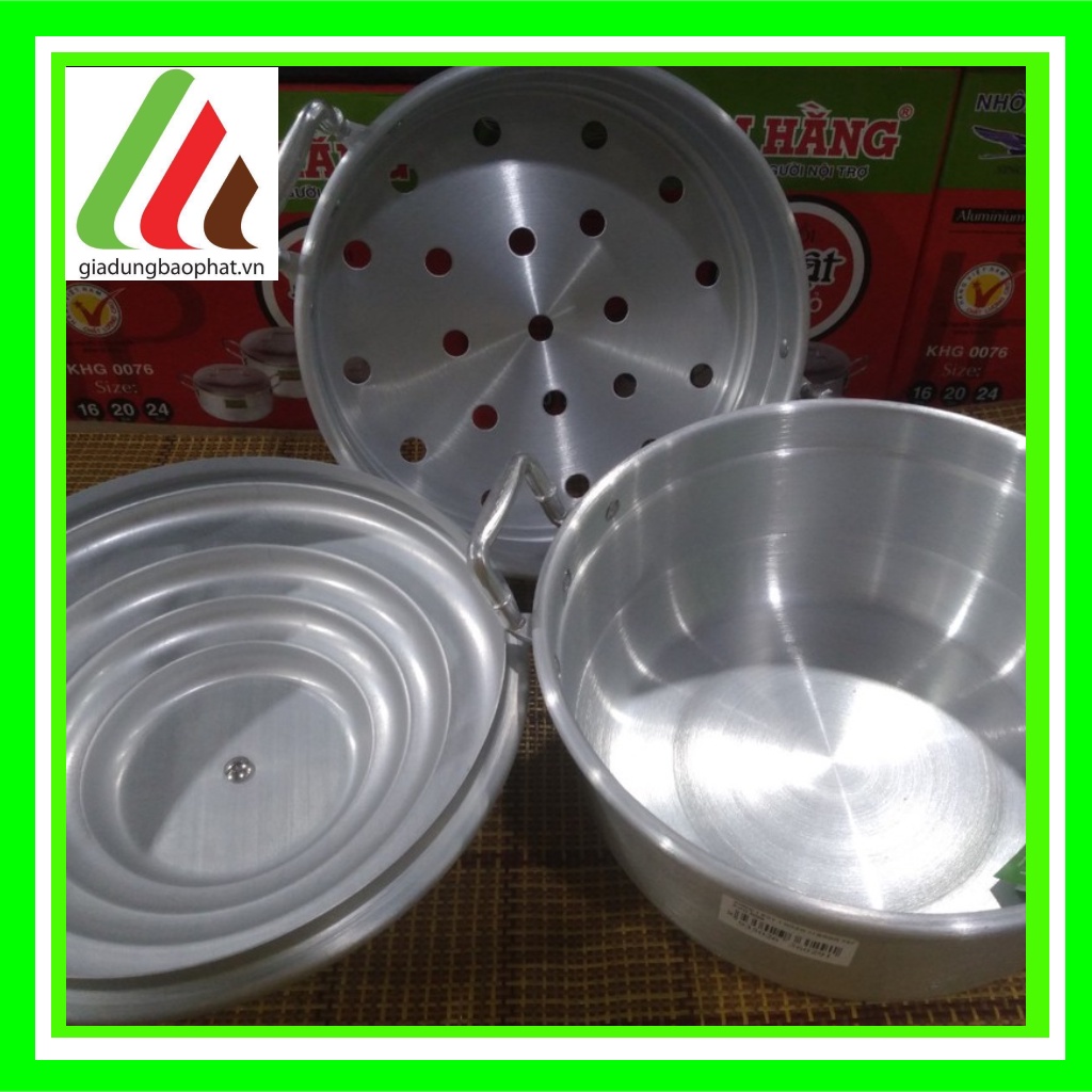 Nồi/xửng hấp hông xôi 1 đáy + 2 ngăn nhôm xi bóng size 24 26 28 30 32 34 36 38 40 Kim Hằng Chính hãng