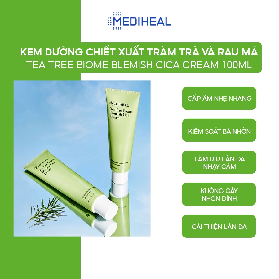 Kem Dưỡng Chiết Xuất Tràm Trà Và Rau Má Dành Cho Da Nhạy Cảm Mediheal Tea Tree Biome Blemish Cica Cream 100ml