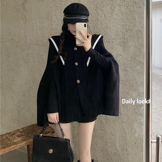 ( SẴN M ) Áo Khoác Dạ Cape Đen Viền Trắng Phong Cách Cổ Điển