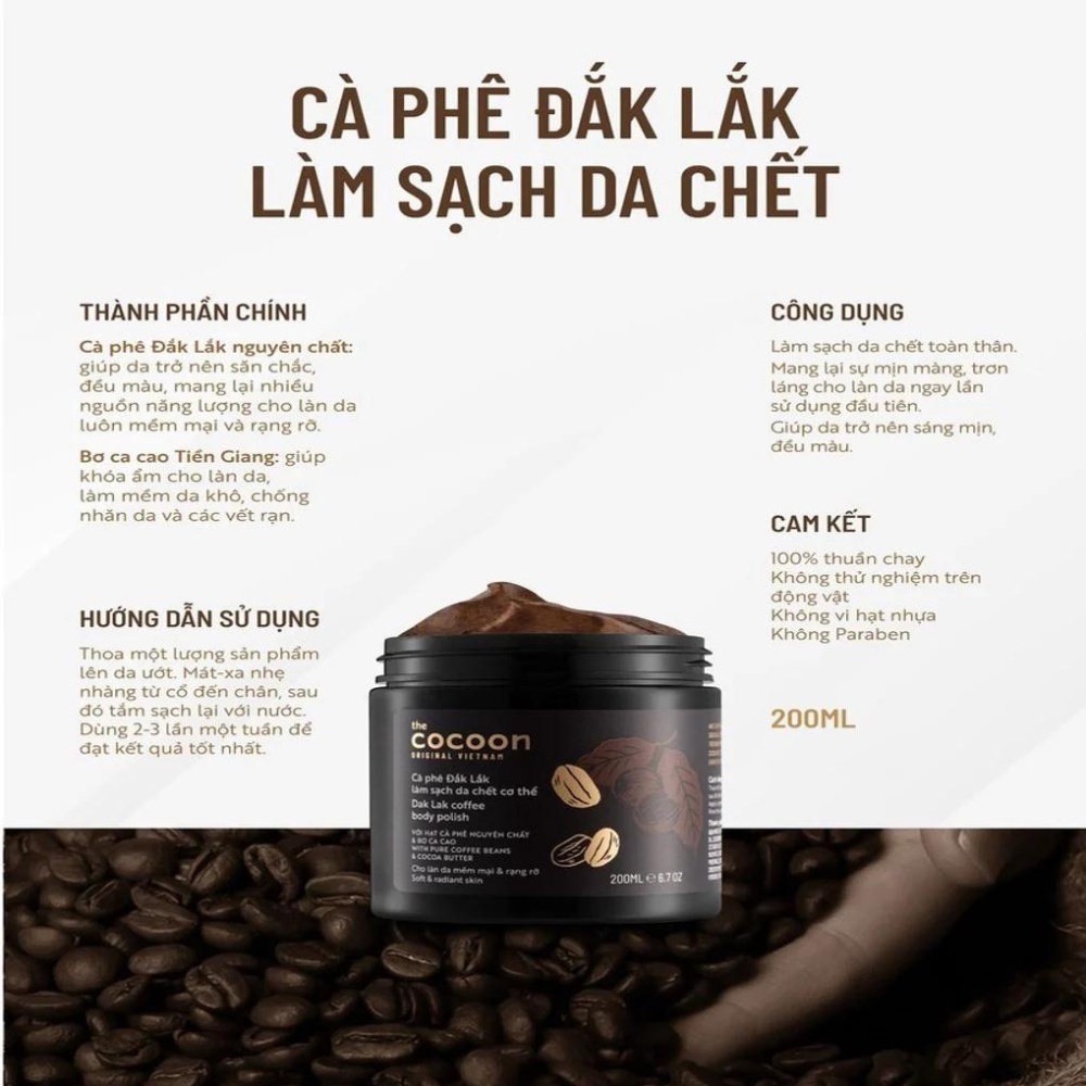Tẩy tế bào chết toàn thân cà phê Cocoon Dak Lak Coffee Body Polish 200ml dịu nhẹ, mềm da