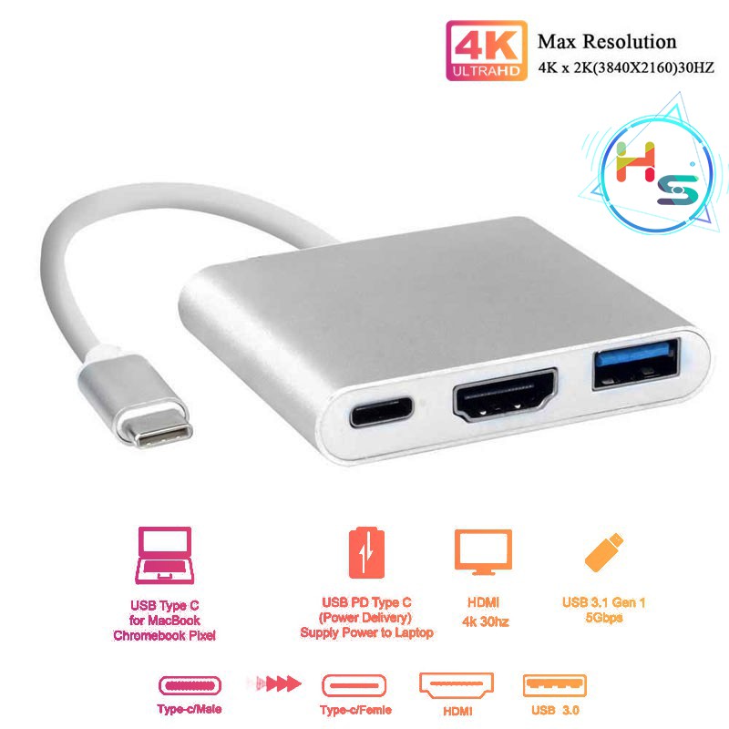 Hub Type C 3in1 - Cổng chuyển đổi HUB USB Type-C to HDMI, USB 3.0, PD Type-C cho Laptop Macbook, Điện thoại, Samsung Dex