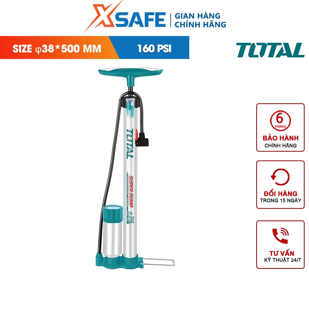 Bơm hơi dùng tay TOTAL TMPP3811, kích thước: φ38x500mm, ống bền áp suất cao, đầu phù hợp với Schrader, Presta ,Dunlop