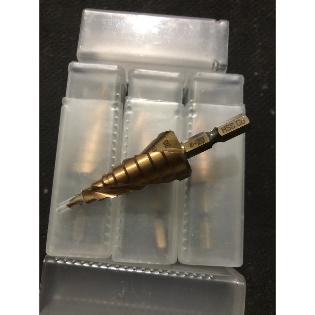 Mũi Khoan Bước Tháp 4-20 Chuôi Lục Giác Thép HSS Co Phủ Cobalt 4-20 Các Kích Thước Chuyên Sắt, Thép, Inox,...