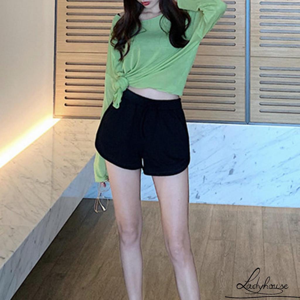 Quần short lưng cao màu trơn có dây rút và túi cho người lớn size S/M/L/XL/XXL