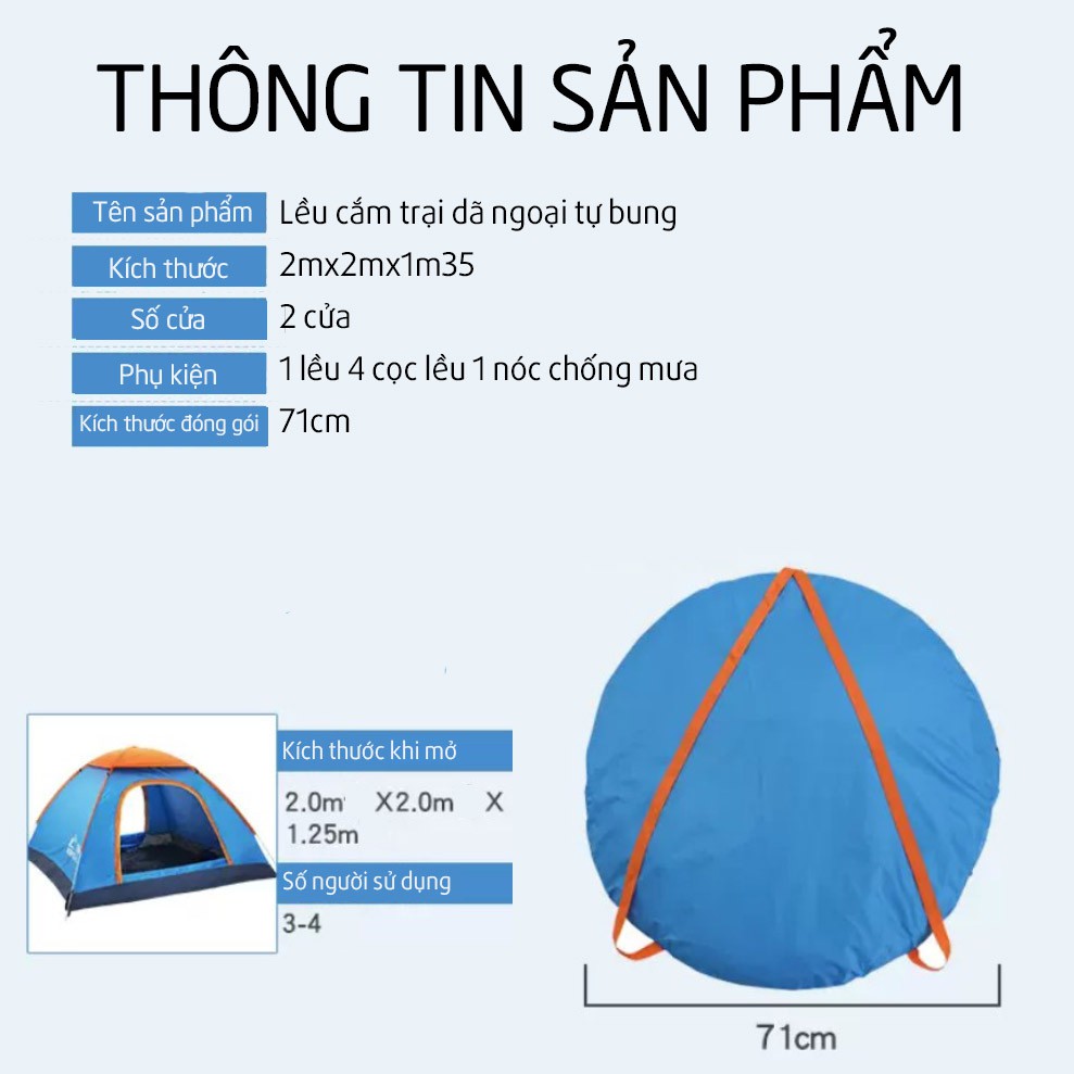 Lều Cắm Trại  Dã Ngoại 4 Người Tự Bung Cỡ Lớn 2mx2m Chống Nước Nhẹ Chống Gió Chống Tia Bức Xạ Có Che Đỉnh Lều