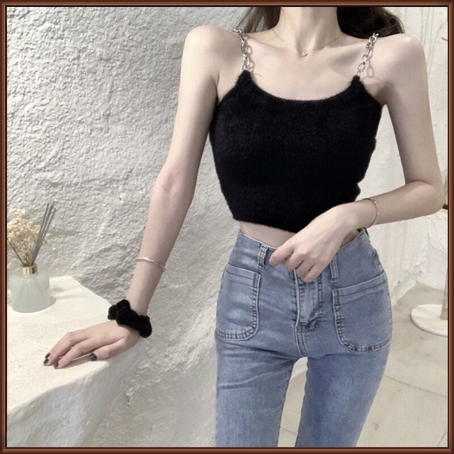 Áo Hai Dây Cổ Chữ U Bằng Vải Lông Màu Trơn Quyến Rũ Cho Nữ Màu Sắc