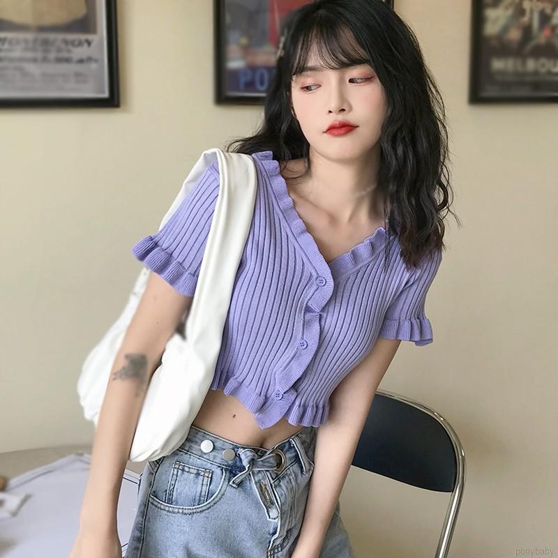 Áo Croptop Dệt Kim Tay Ngắn Cổ Chữ V Màu Trơn Phong Cách Hàn Quốc | BigBuy360 - bigbuy360.vn