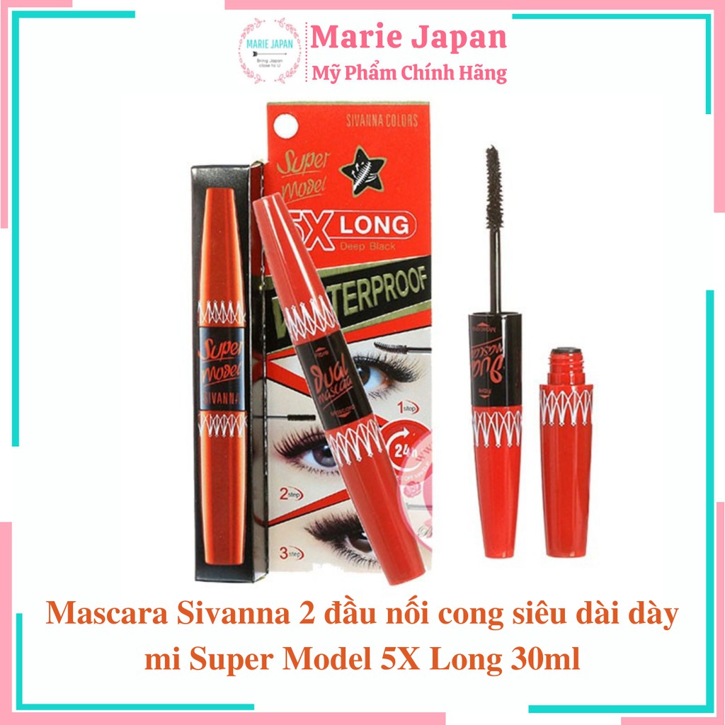 Mascara Sivanna 2 đầu nối cong siêu dài dày mi Super Model 5X Long 30ml