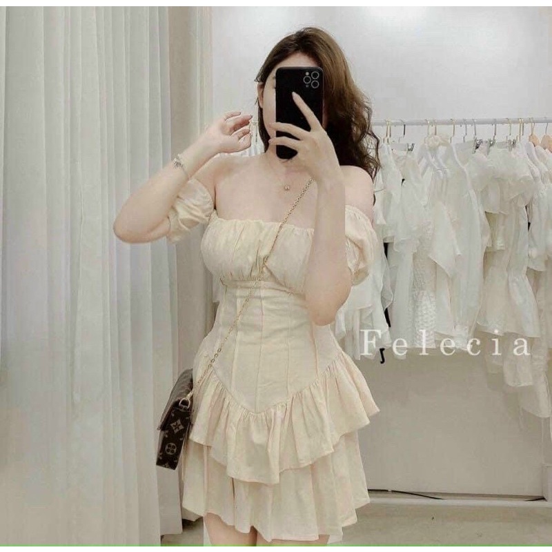 🆘Đầm Peplum Nude Rớt Vai Chít Eo freesize🌺