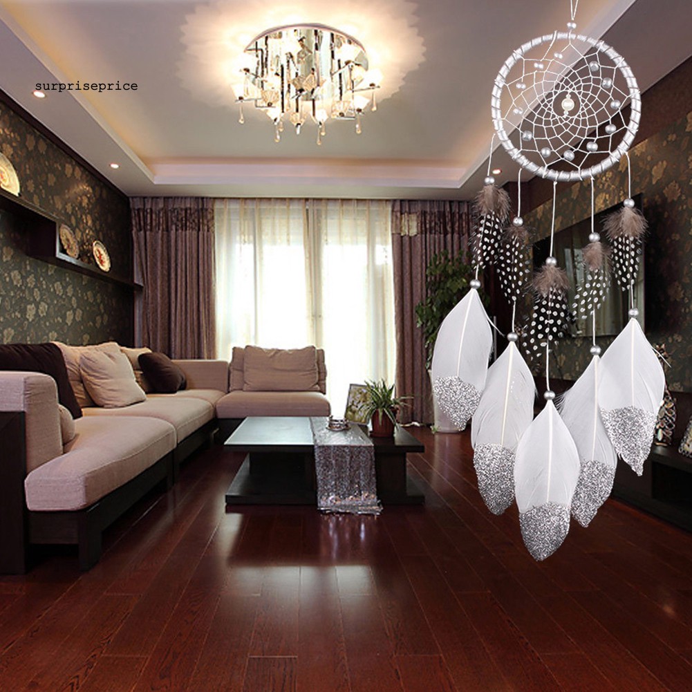 Chuông gió bắt giấc mơ có vòng hạt và lông vũ treo tường xe hơi trang trí của sổ