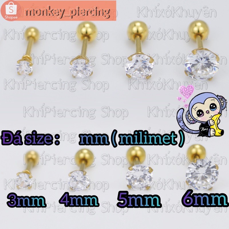1 chiếc khuyên tai gắn đá  chất liệu cao cấp không gỉ sét bay màu - Khỉ Xỏ Khuyên - Piercing