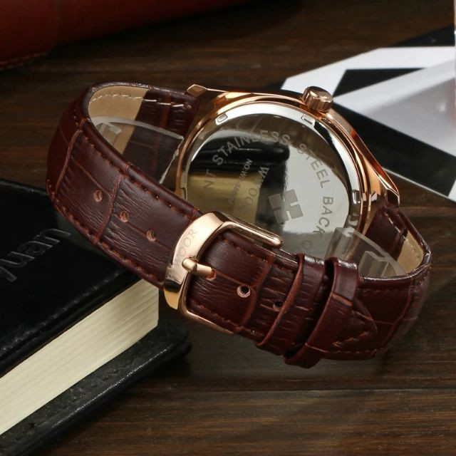 Đồng hồ nam Wwoor dây da mặt tròn có lịch độc đáo chống nước chính hãng Tony Watch 68