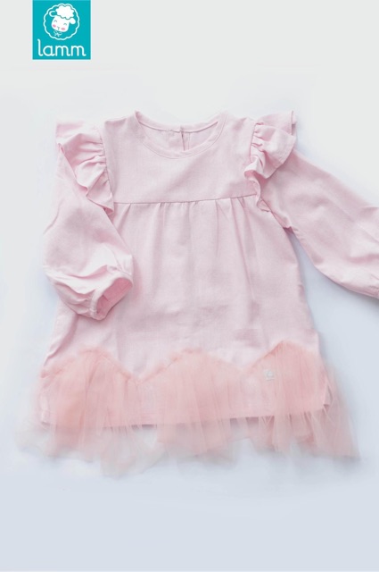 Lamm Váy linen hồng phấn phối voan bèo vai tay dài