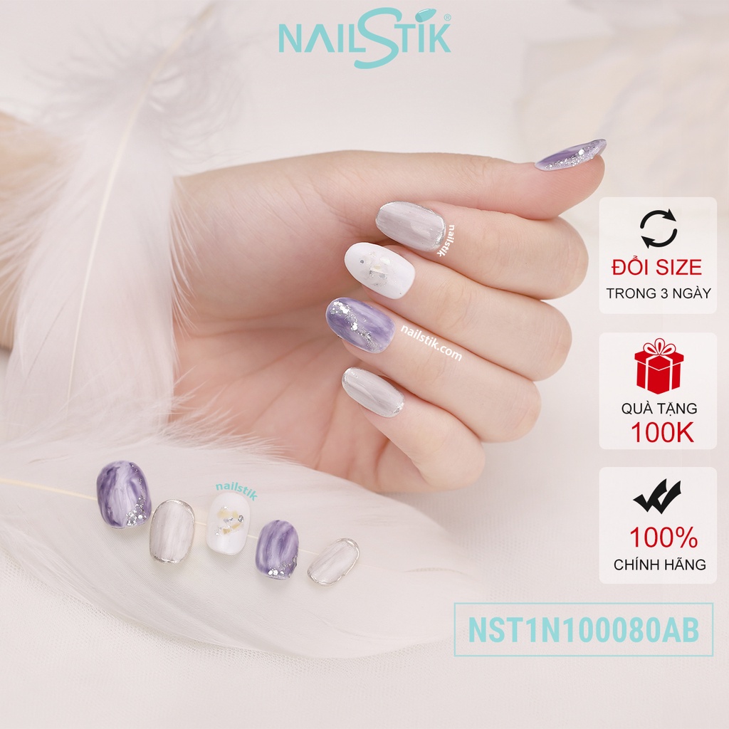 Móng úp thiết kế by NAILSTIK, màu tím xám, form móng bầu, ngắn/dài, 080