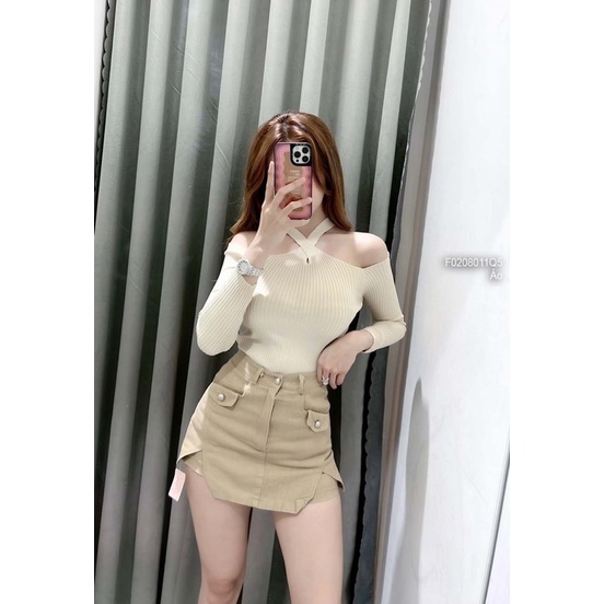 Áo len nữ phối gân tay dài cổ yếm khoét vai VIENS STORE