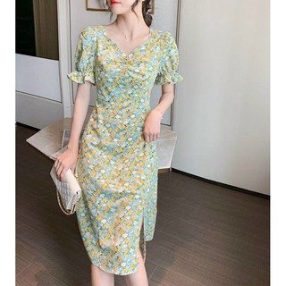 Đầm ôm hoa xanh ngọc sẻ tà