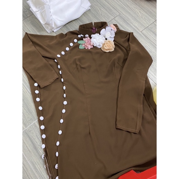 Áo dài may sẵn 4 tà, áo dài đi chùa mầu nâu