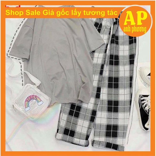 Sét áo phông Trơn + quần kẻ☝áo kiểu unisex from thụng chất đẹp☝quần lưng thun vải thể thao chất thể thao☝mát mẻ☝