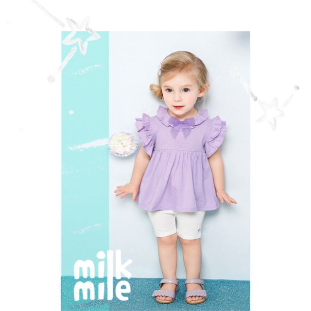 Bộ Milk Mile tím, cổ tròn đính nơ VNXK