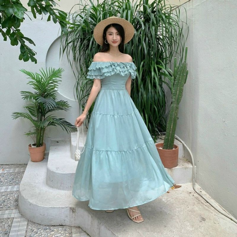 Đầm maxi đi biển trễ vai bèo xếp ly ngực mã D40