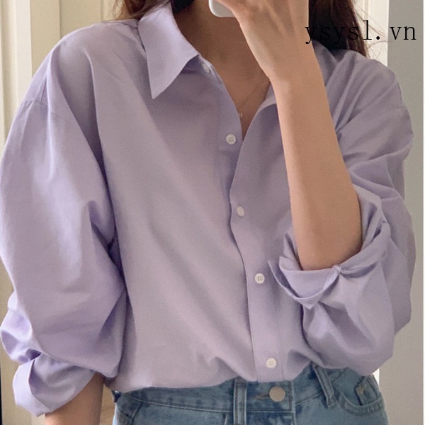Áo Sơ Mi Dáng Rộng Màu Tím Nhạt Phong Cách Hàn Quốc Thời Trang Mới 2021 Cho Nữ