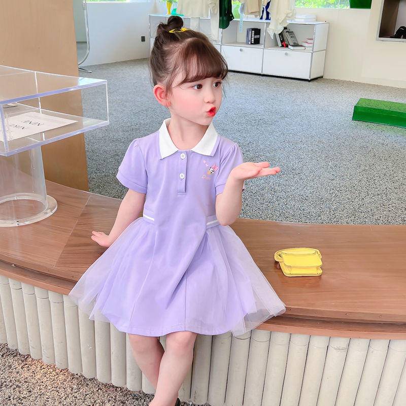 Áo đầm cổ polo dài trung bình tay ngắn phong cách sinh viên phương Tây Hàn Quốc dành cho bé gái