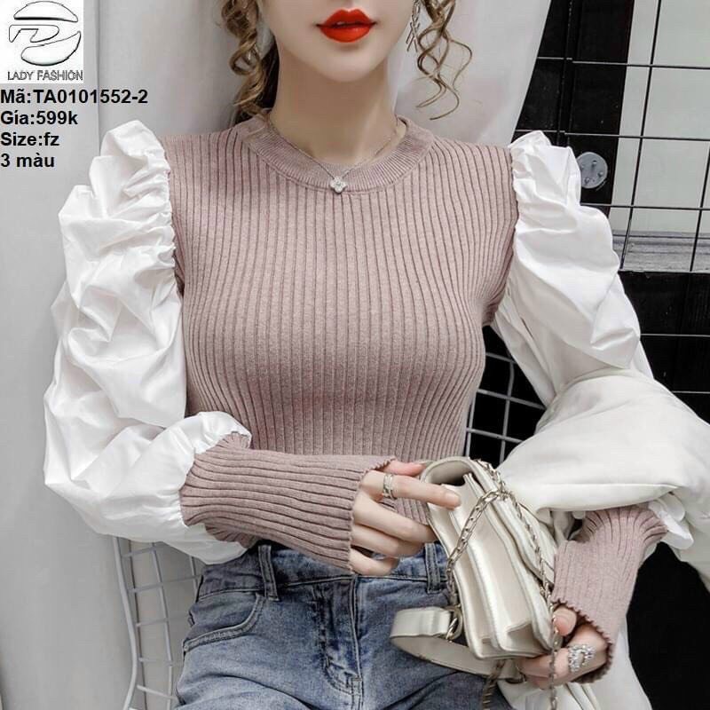 Áo len gân nữ tay phối voan cực xinh kiểu dáng thời trang hot 2021. | BigBuy360 - bigbuy360.vn