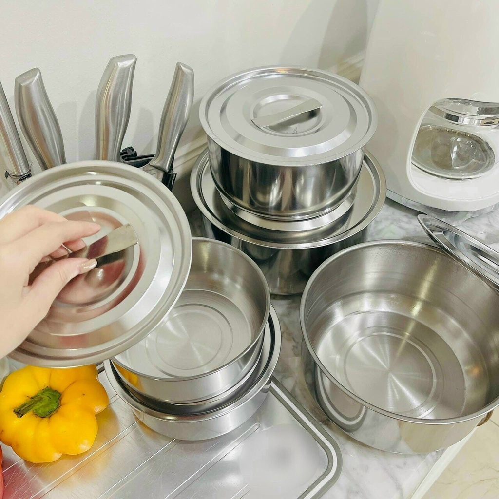 Bộ 5 thố Inox có nắp không quai đậy đủ kích thước cao cấp