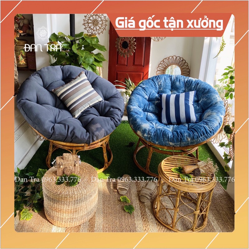 Combo 2 Ghế Mây Papasan Size 1M ĐAN TRÀ ( nệm xám + loang xanh)