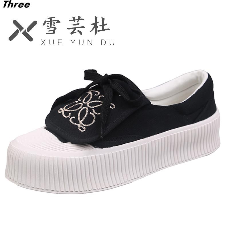 Women's shoes, single shoes, biscuit shoes, women's thick-soled color-blocking casual canvas shoes, women's Korean style flap embroidery