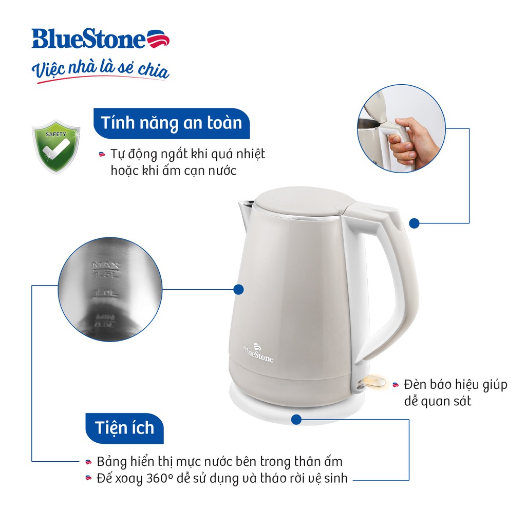 Ấm Đun Siêu Tốc 2 Lớp Bluestone KTB-3351 - 1.5L (Màu Ngẫu Nhiên) - Hàng chính hãng