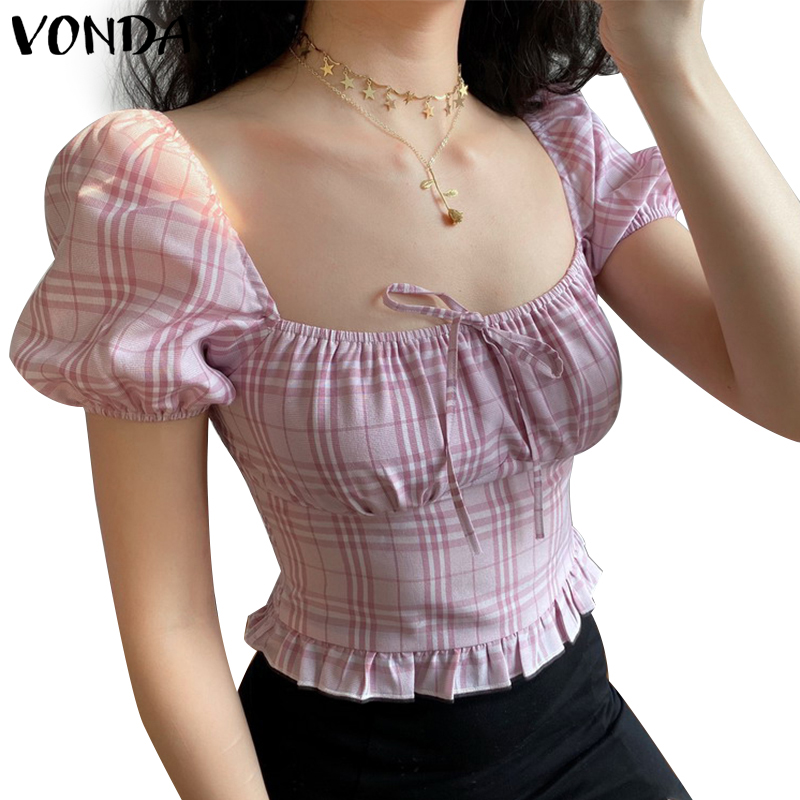 Áo Kiểu Crop Top VONDA Cổ Vuông Tay Ngắn Thiết Kế Bèo Nhún Họa Tiết Kẻ Sọc Phong Cách Hàn Quốc Mùa Hè Quyến Rũ Cho Nữ