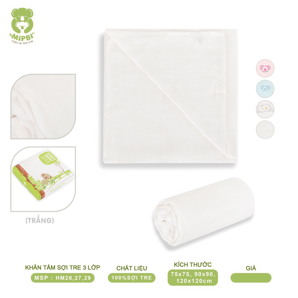 Khăn tắm cao cấp Mipbi 3 lớp 100% sợi tre mềm mại, kháng khuẩn nhiều kích cỡ