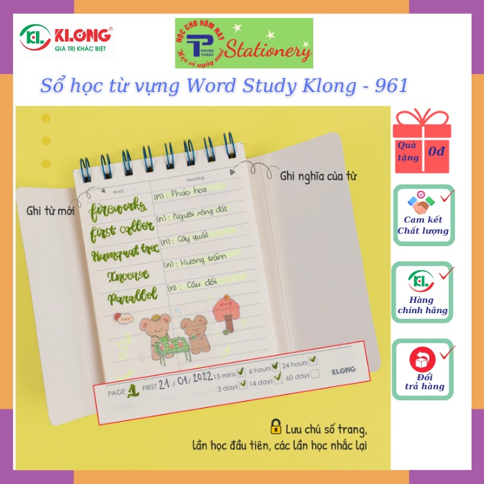 Sổ tay học từ vựng Klong Word Study khổ A6 120 trang bìa màu pastel siêu cute-916