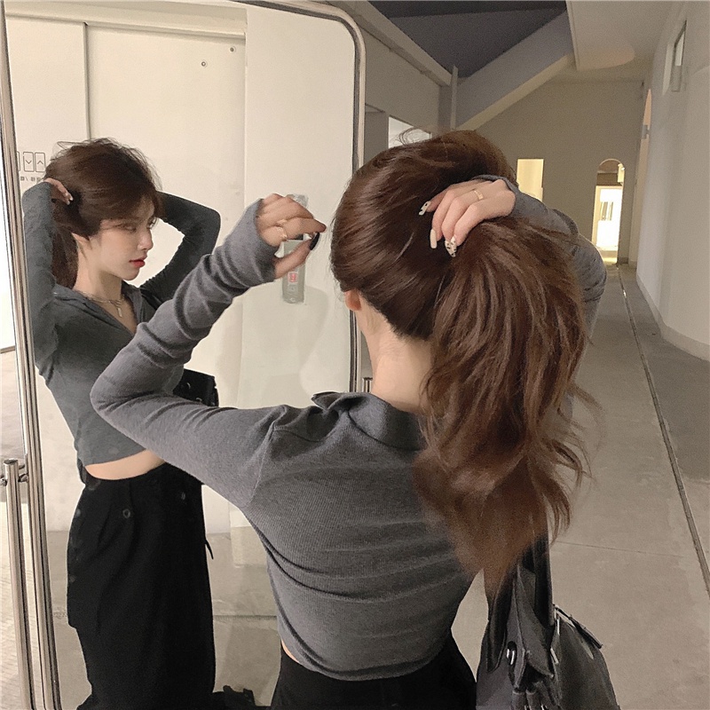 Thời Trang Áo Thun Lửng Tay Dài Phối Khóa Kéo Cho Nữ