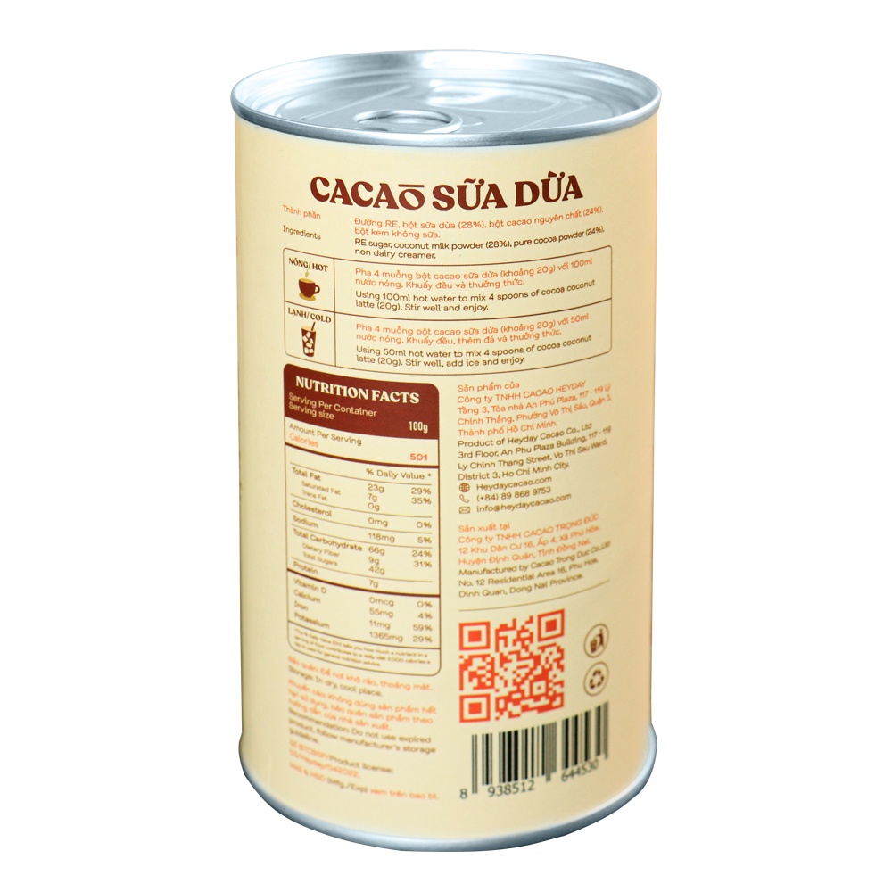Bột cacao sữa dừa tự nhiên, thuần chay – Lon 350g – Heyday Cacao