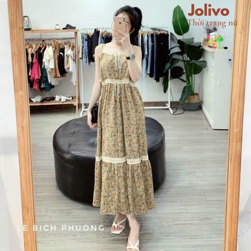 váy hai dây đầm dây phối ren chất liệu mỏng mát hàng QC cao cấp JOLIVO AA9000